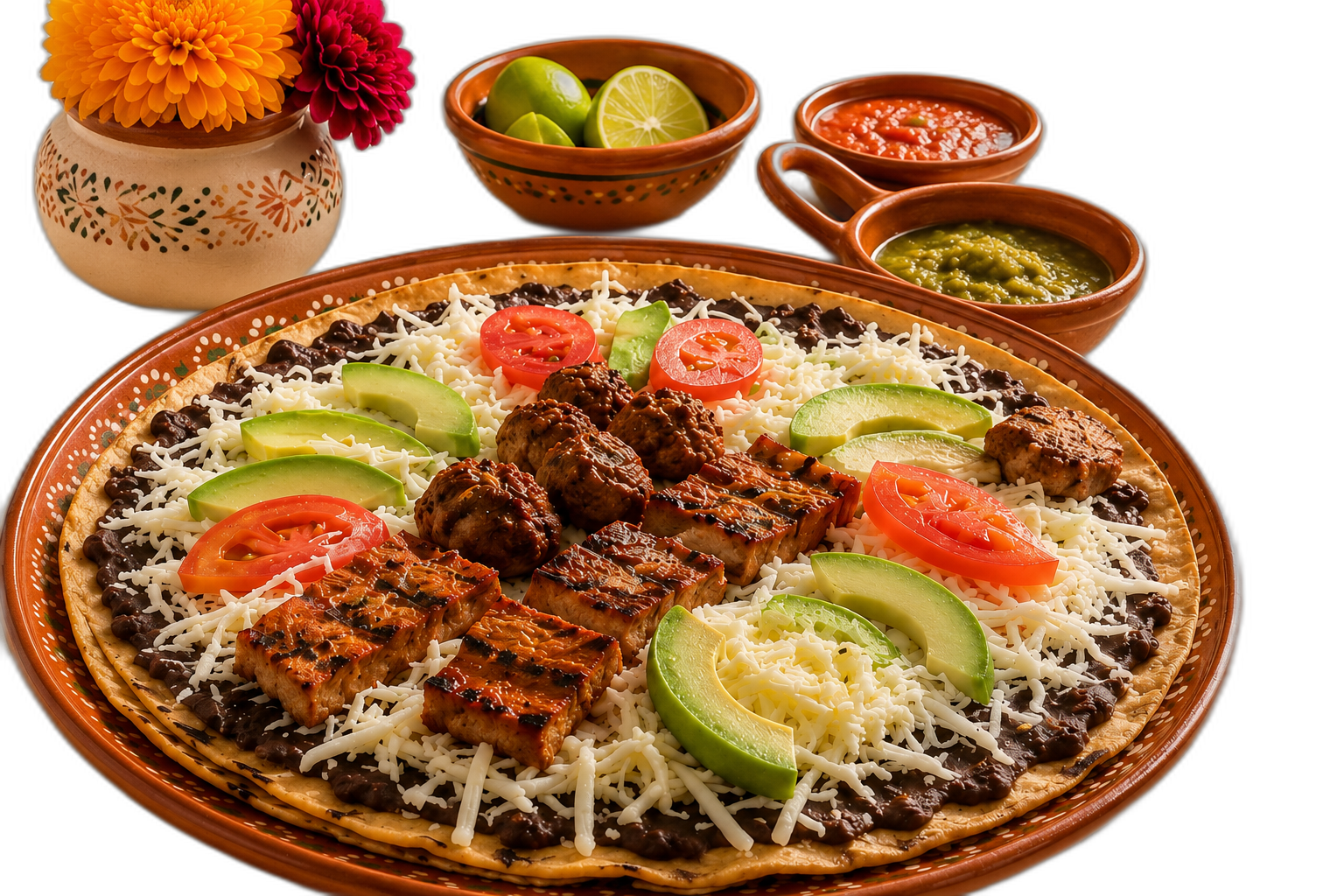 A plate of authentic Oaxacan food with salsas and marigolds — Sabores Oaxaqueños